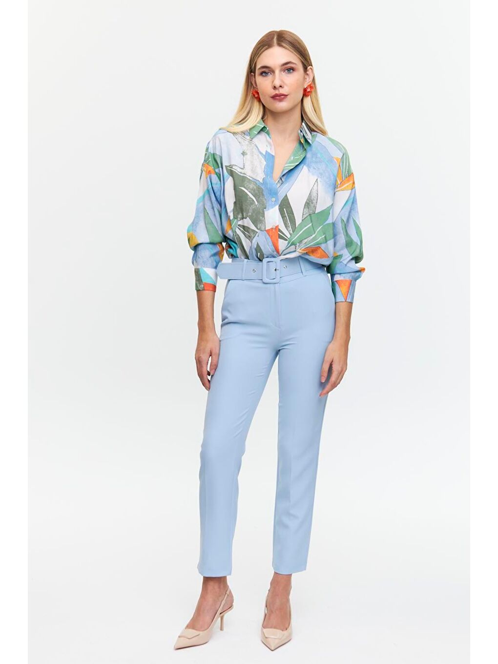 Kaplama Kemerli Bebe Mavi Kadın Pantolon-1