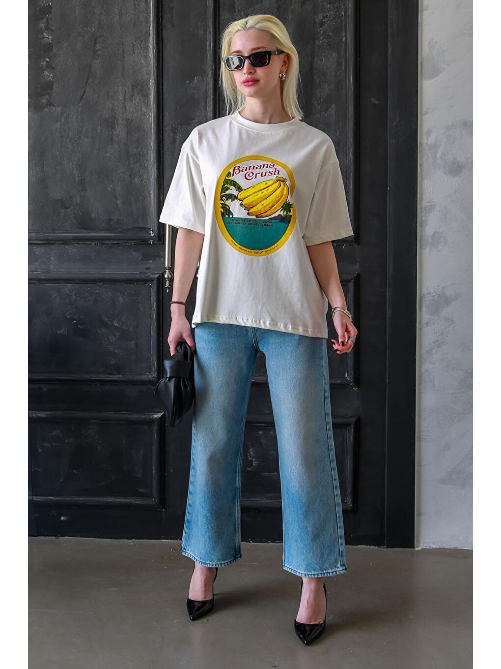 Ekru %100 Pamuklu Baskılı Kadın Tişört Mg2382-2