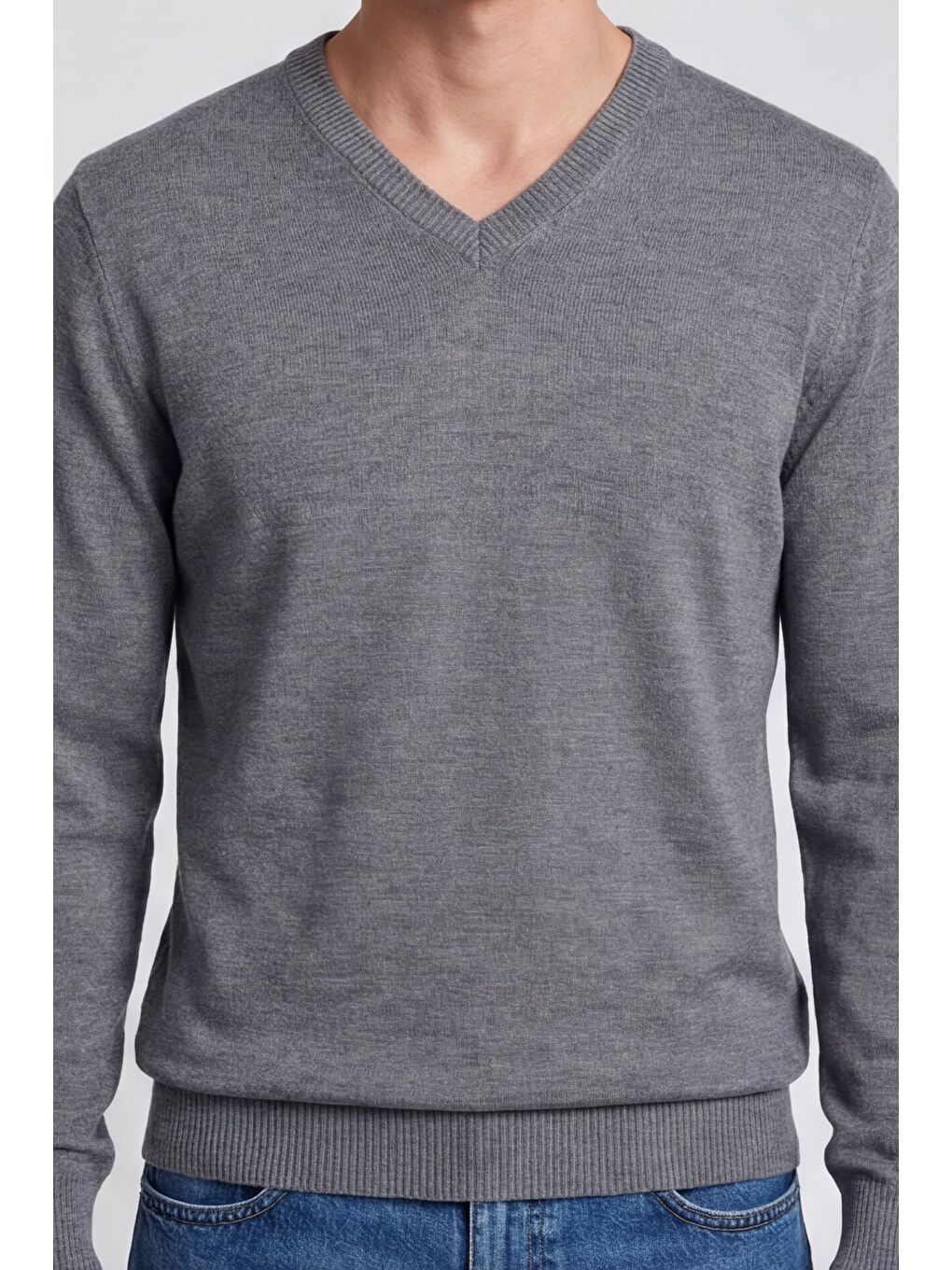 Erkek Gri Normal Kesim Regular Fit Yünlü V Yaka Triko Kazak-3