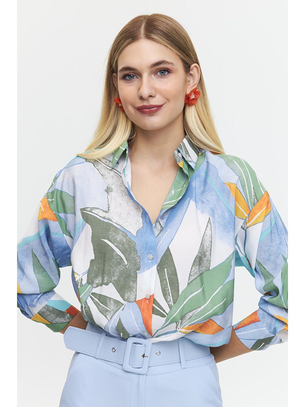 Kaplama Kemerli Bebe Mavi Kadın Pantolon-2