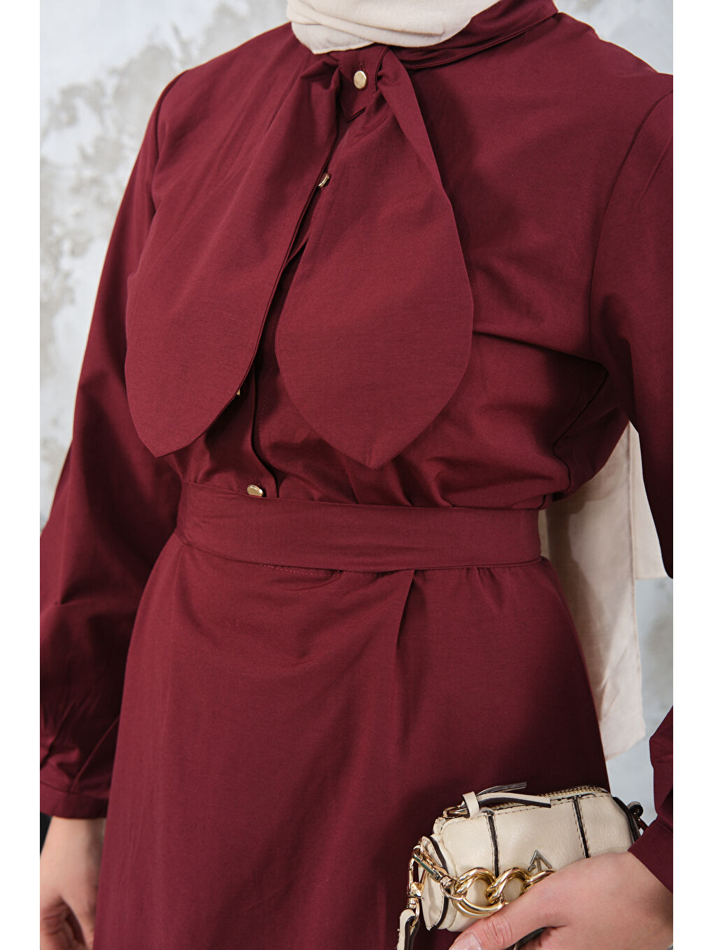 Kadın Bel Bağlamalı Elbise Bordo-4