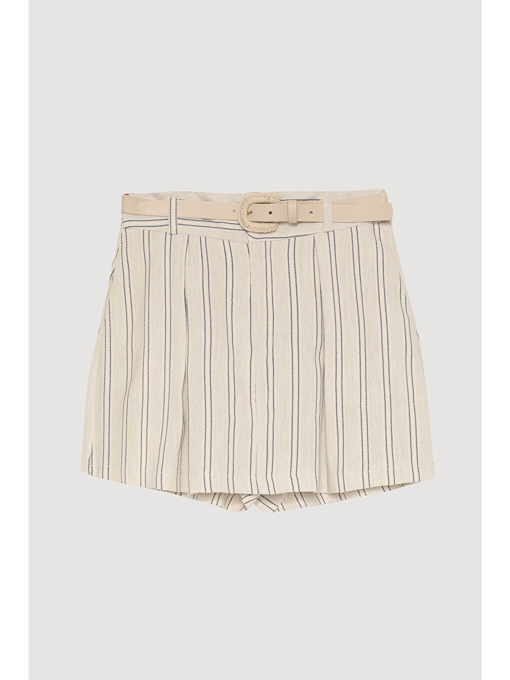 Bej Beli Kemerli İnce Çizgili Keten Şort Etek Naturel-1