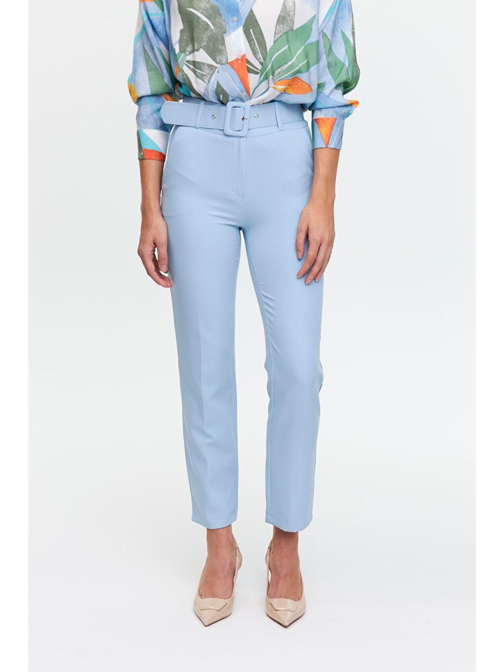 Kaplama Kemerli Bebe Mavi Kadın Pantolon-3