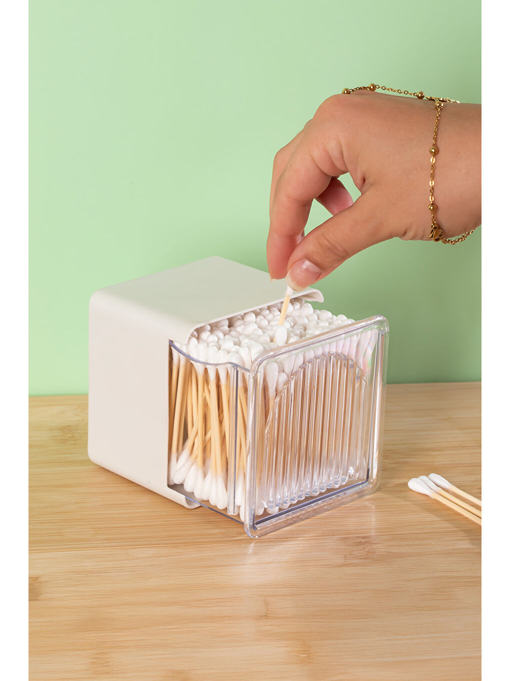 3134 Doğal Ahşap Bambu Saplı Standlı Kulak Temizleme Çubuğu Seti- 190 Adet-1