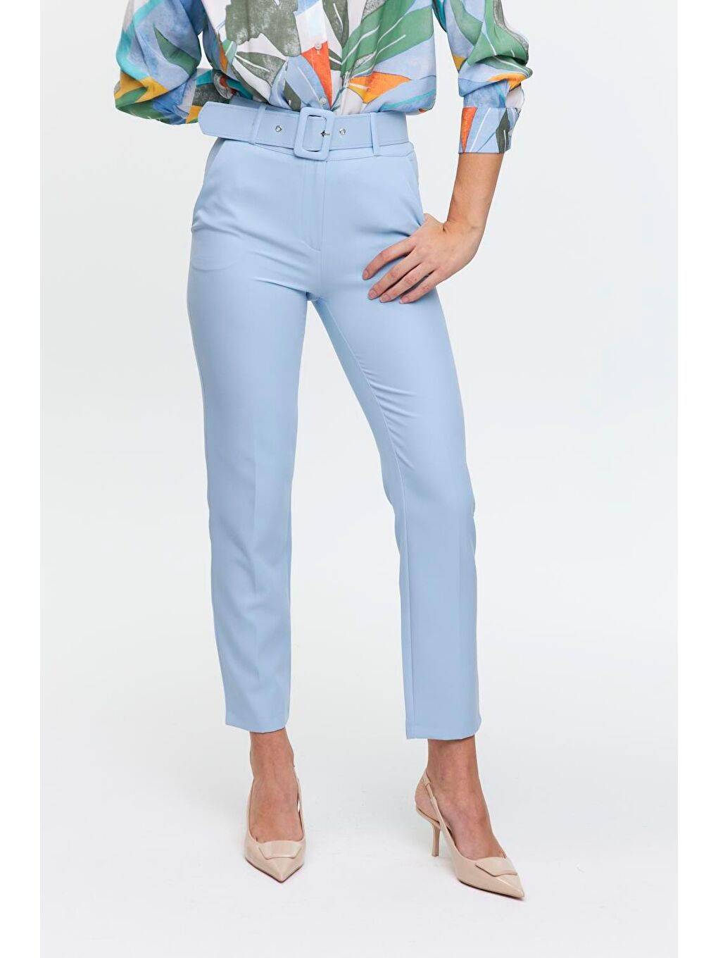 Kaplama Kemerli Bebe Mavi Kadın Pantolon-5