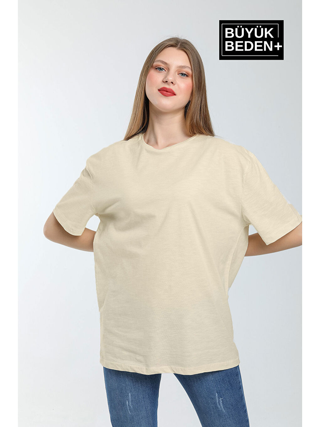 Bej Kadın Büyük Beden Bisiklet Yaka Tshırt SPR25BTSK10