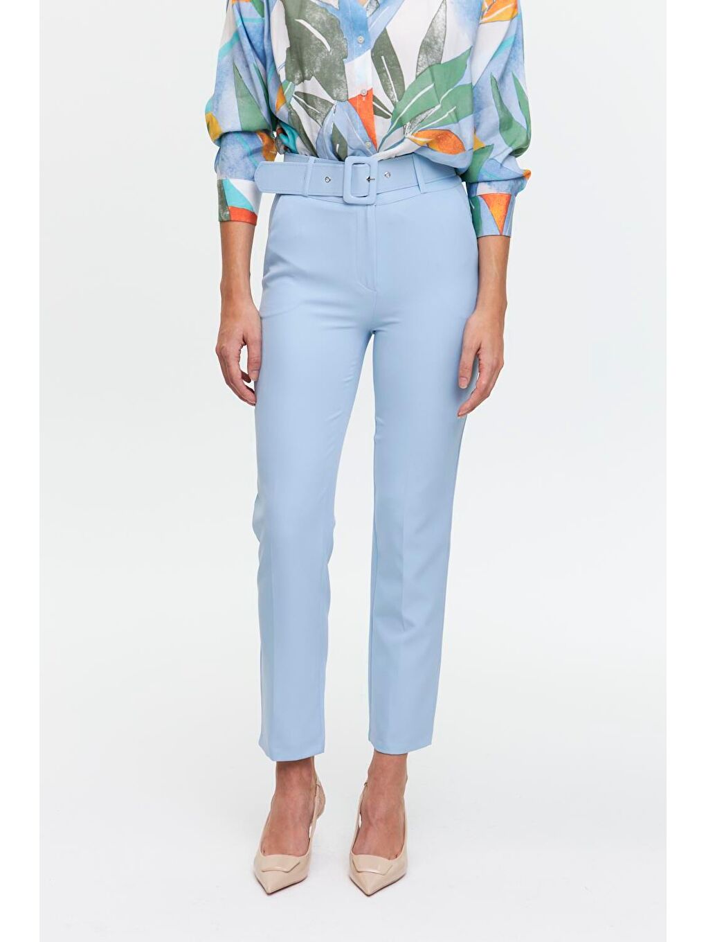 Kaplama Kemerli Bebe Mavi Kadın Pantolon-6