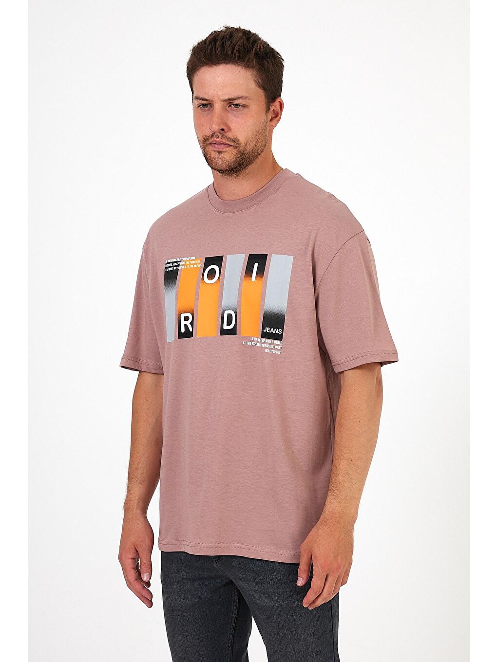 Pembe Bisiklet Yaka Baskılı Erkek Tişört 7028-1