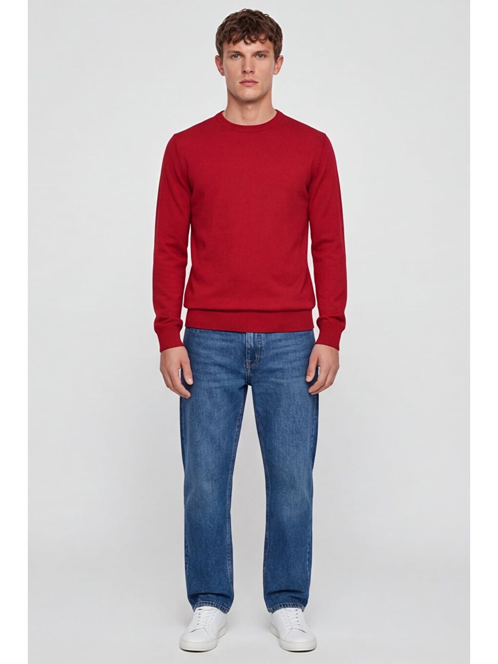 Erkek Kırmızı Normal Kesim Regular Fit Yünlü Bisiklet Yaka Triko Kazak-1