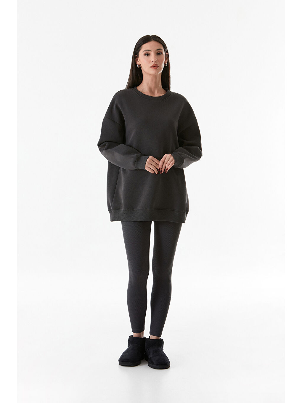 Fullamoda Antrasit 3 İplik Basic Bisiklet Yaka Sweatshirt - 1