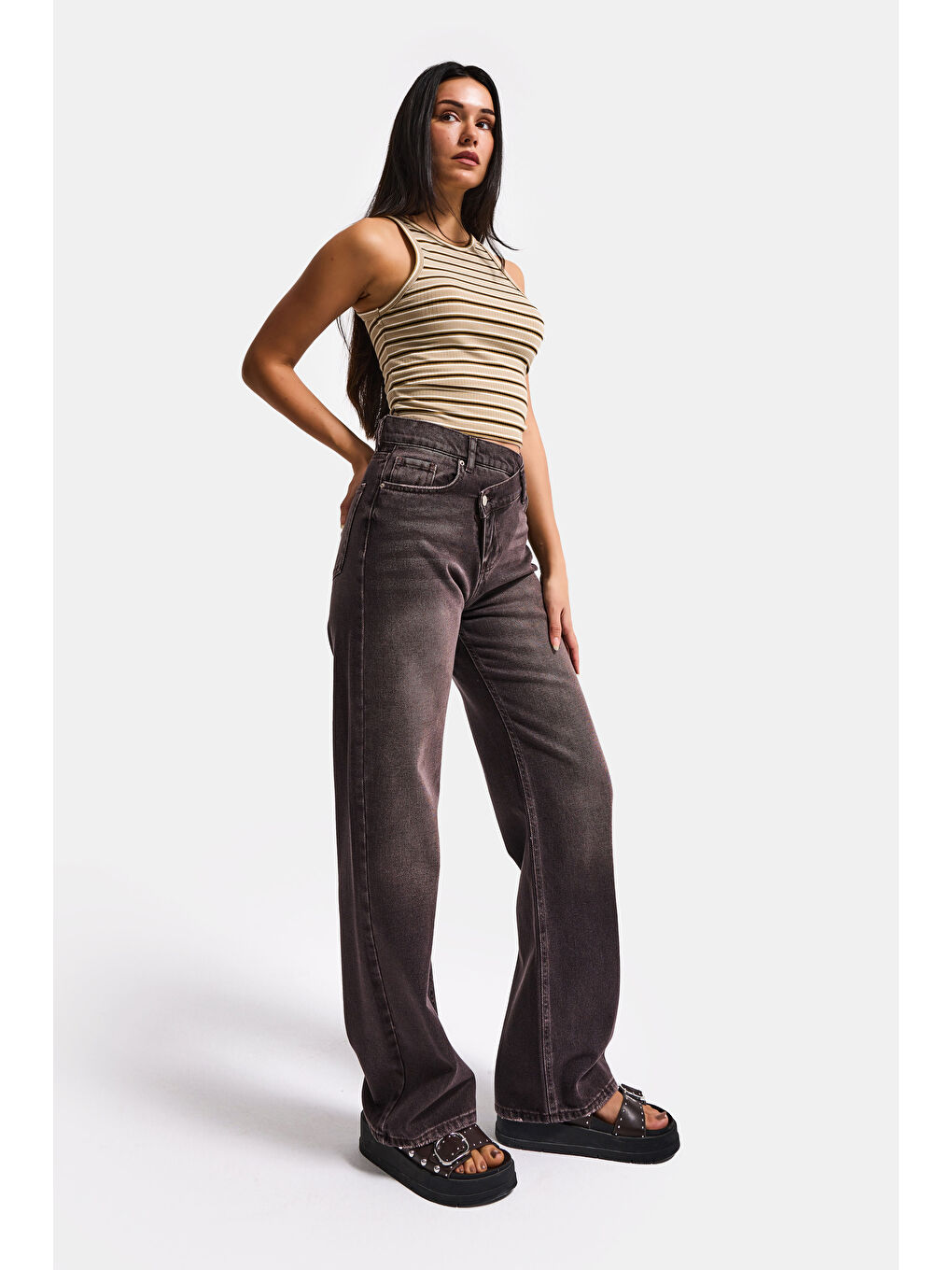 Kahverengi Kadın Koyu Kahve 2s6-16 Straight Fit Kemer Detaylı Özel Tasarım Denim Jean-6