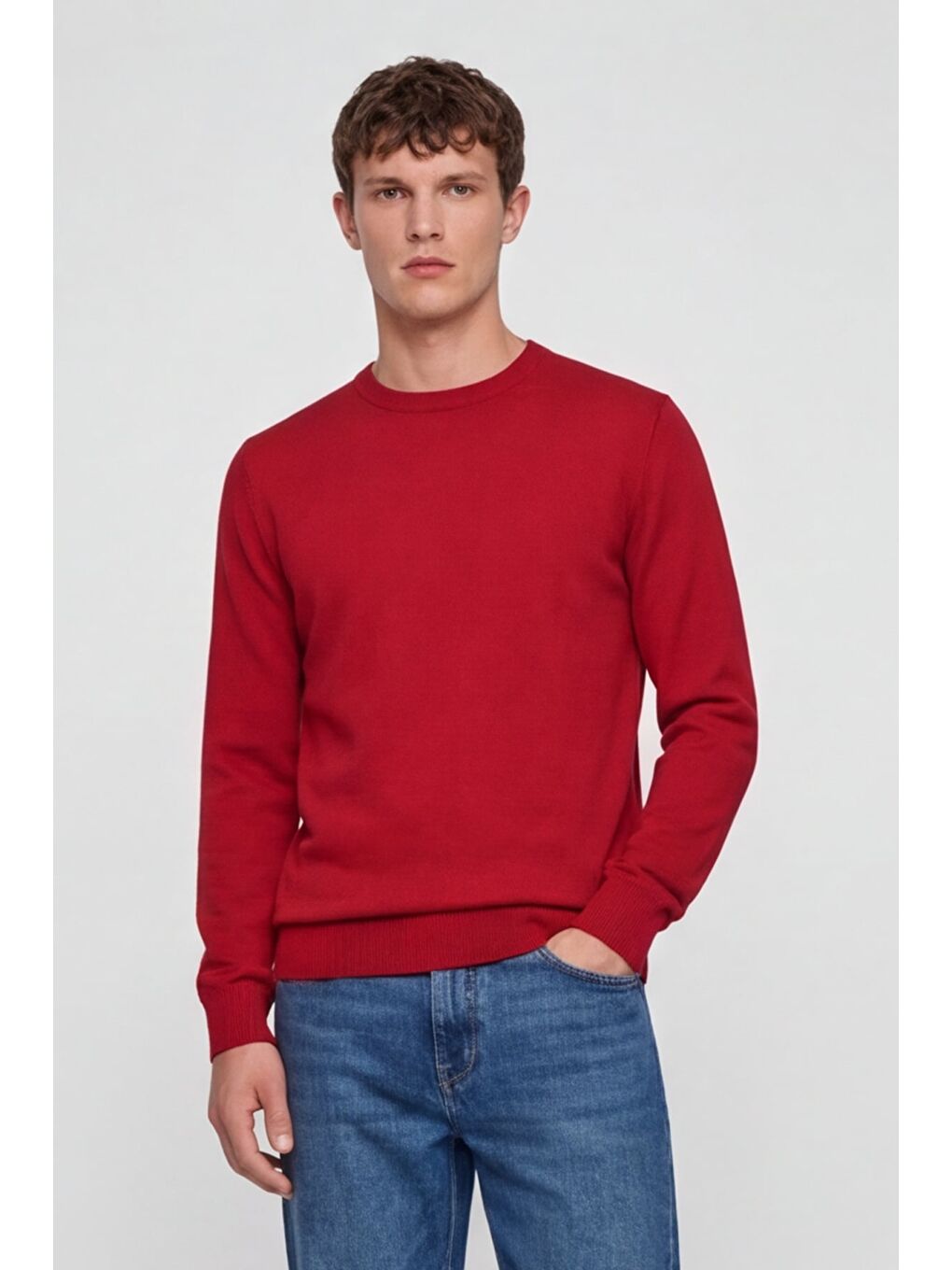 Erkek Kırmızı Normal Kesim Regular Fit Yünlü Bisiklet Yaka Triko Kazak-2