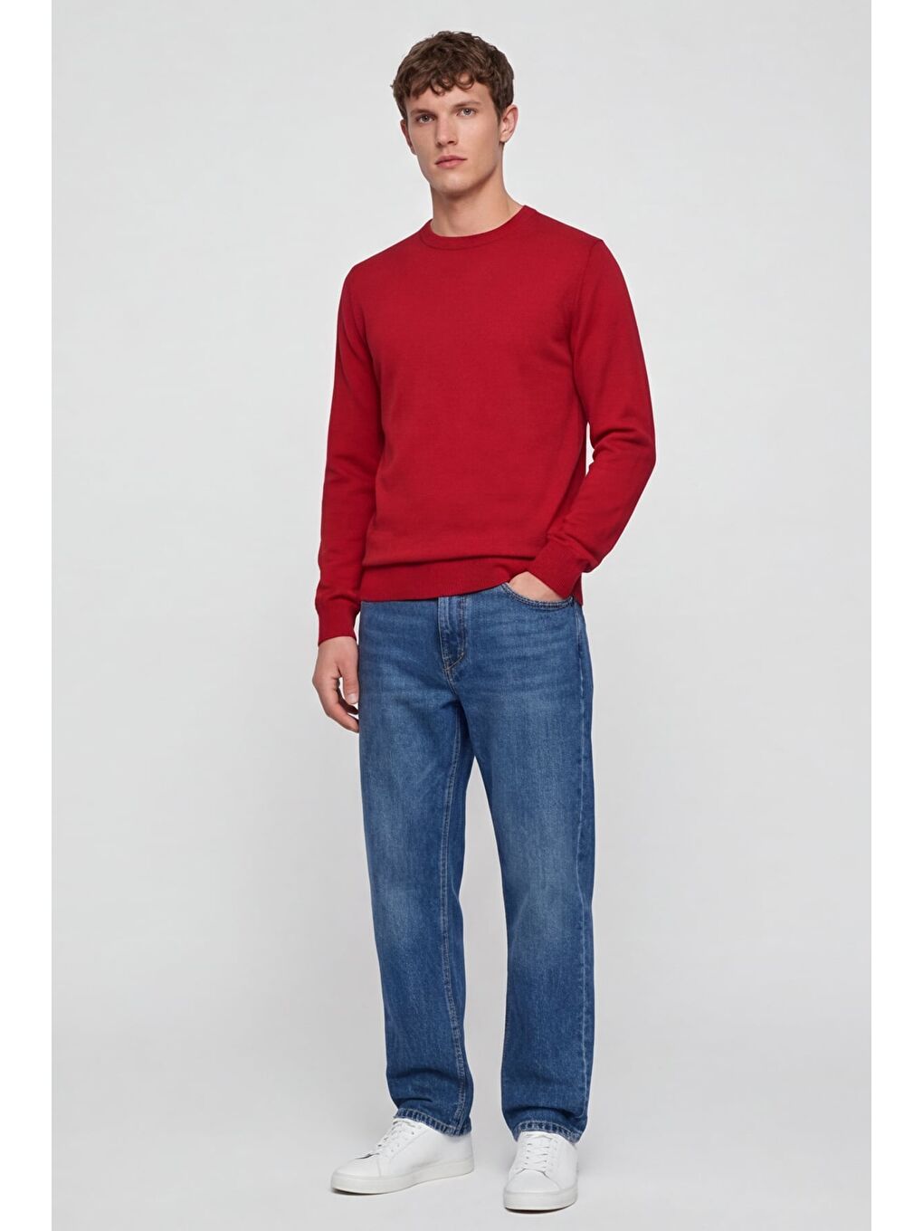 Erkek Kırmızı Normal Kesim Regular Fit Yünlü Bisiklet Yaka Triko Kazak-3