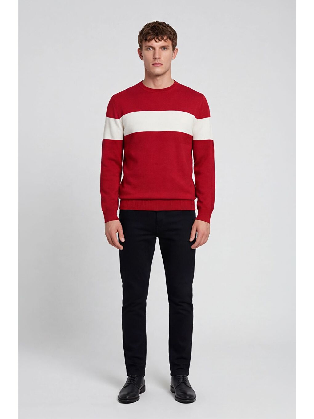 Erkek Kırmızı Normal Kesim Regular Fit Yünlü Dokuma Çizgi Detay Bisiklet Yaka Triko Kazak-1