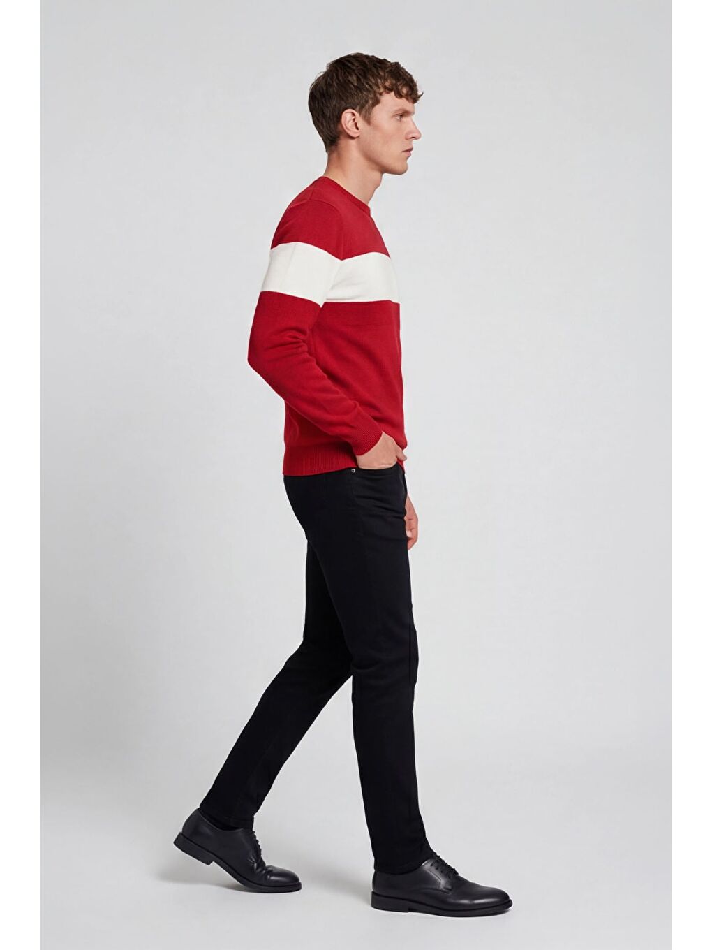 Erkek Kırmızı Normal Kesim Regular Fit Yünlü Dokuma Çizgi Detay Bisiklet Yaka Triko Kazak-2