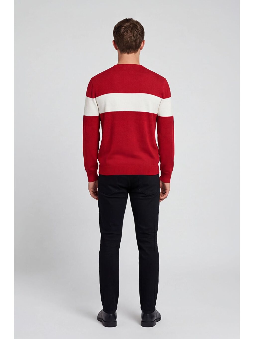 Erkek Kırmızı Normal Kesim Regular Fit Yünlü Dokuma Çizgi Detay Bisiklet Yaka Triko Kazak-3