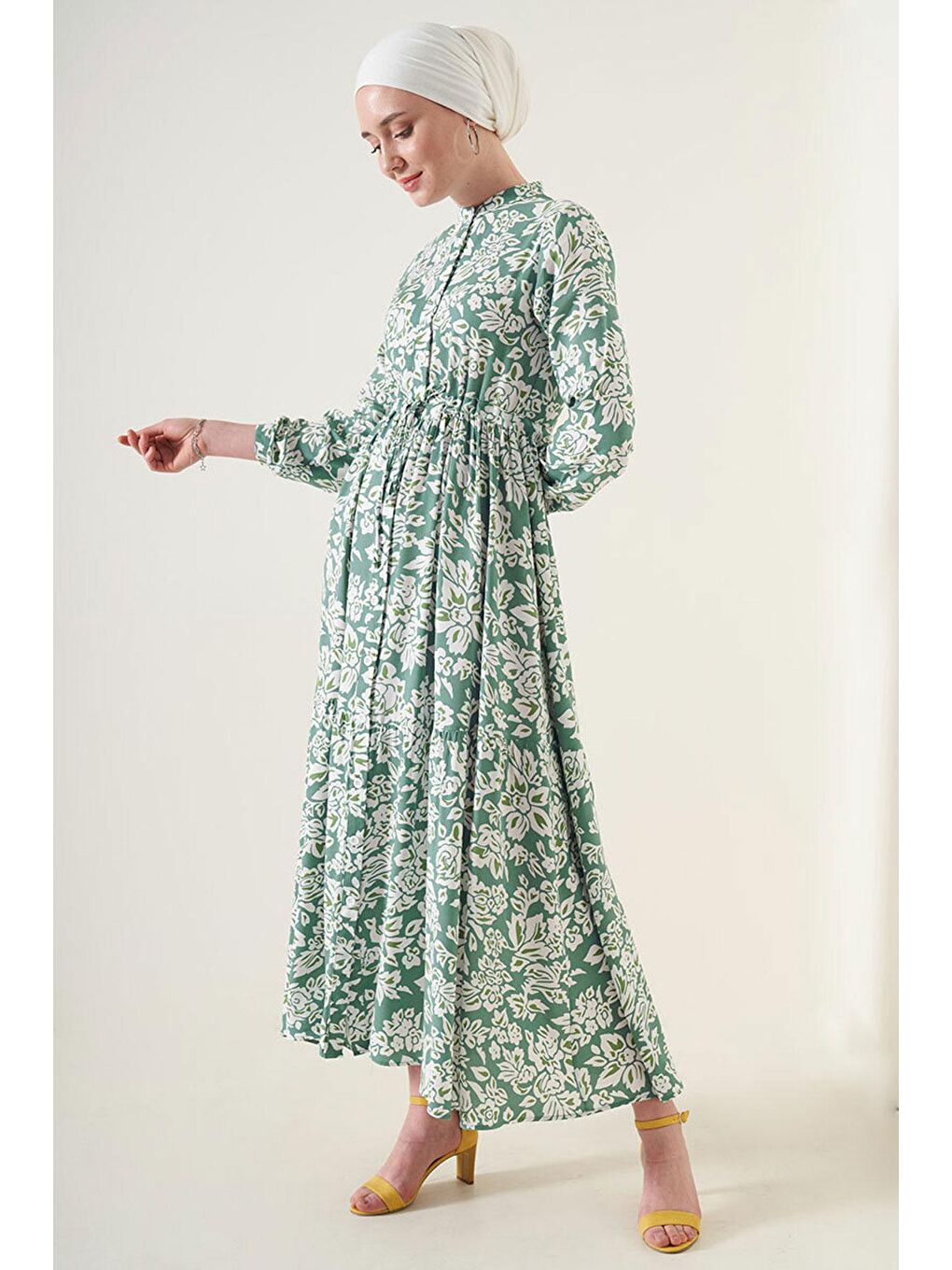 Yeşil 2144 Hakim Yaka Tesettür Elbise - Çağla