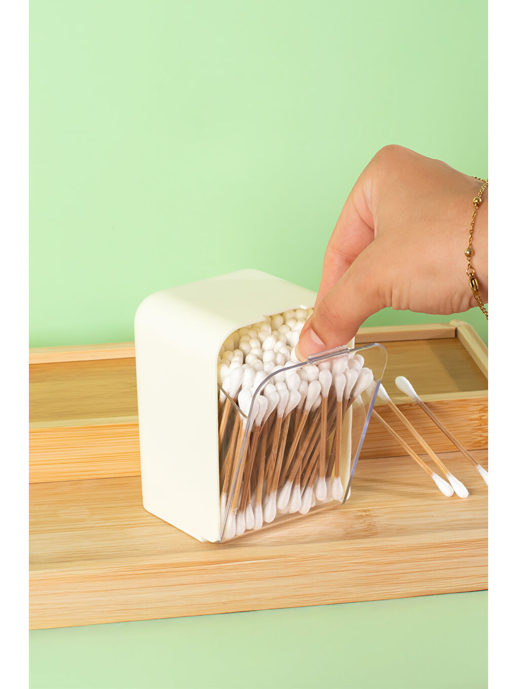 3135 Doğal Ahşap Bambu Saplı Standlı Kulak Temizleme Çubuğu Seti- 180 Adet-1