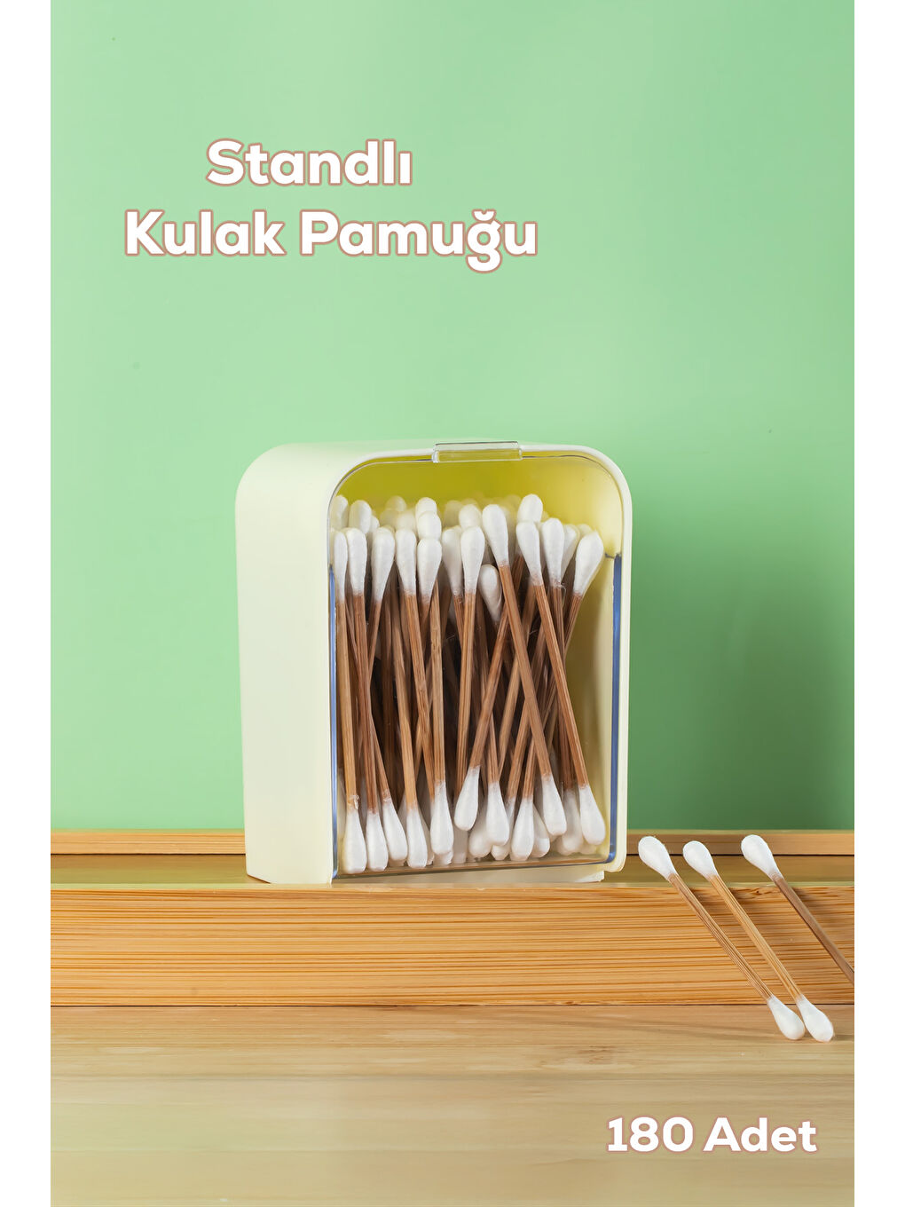 3135 Doğal Ahşap Bambu Saplı Standlı Kulak Temizleme Çubuğu Seti- 180 Adet-2