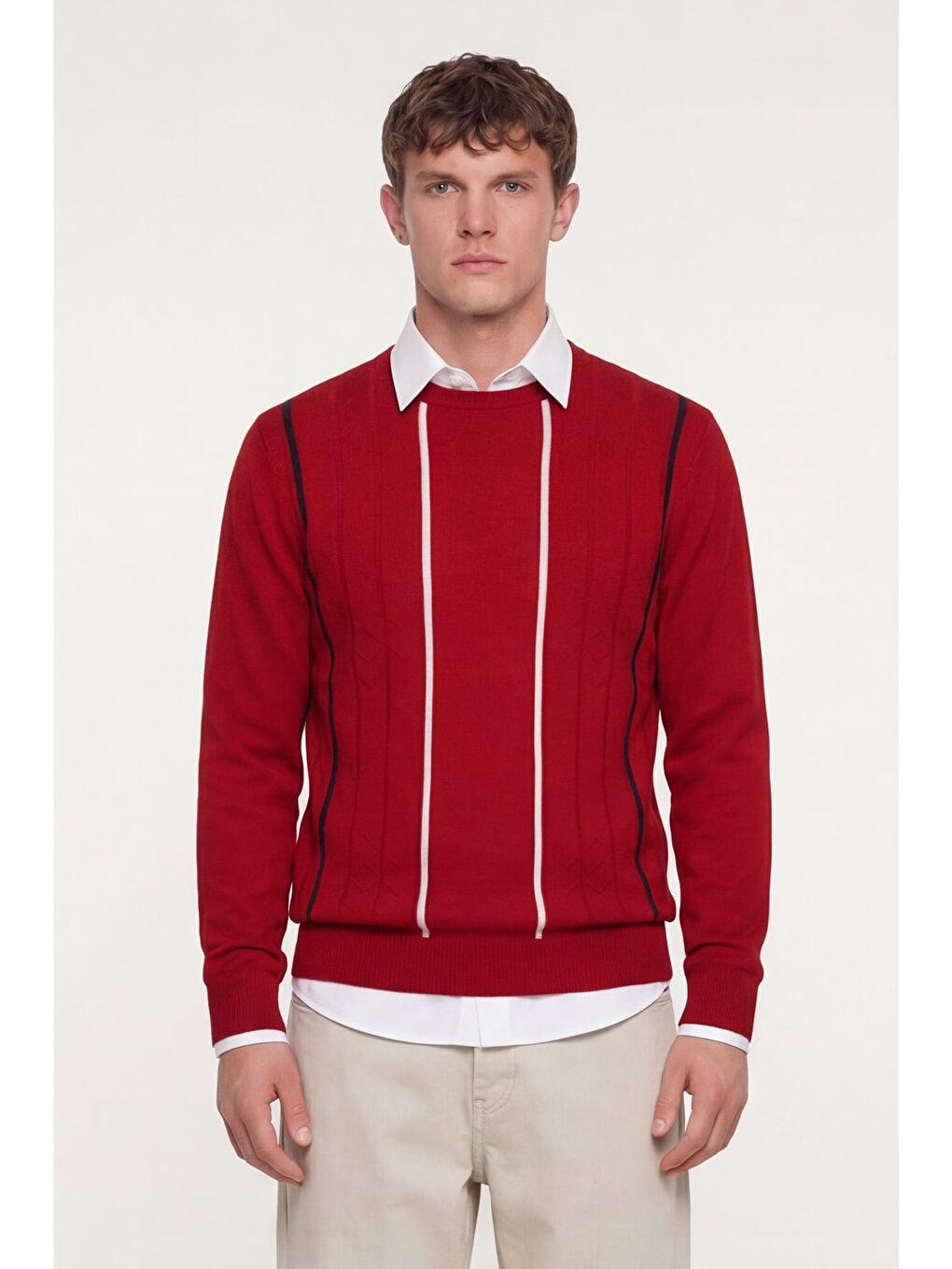 Erkek Kırmızı Normal Kesim Regular Fit Yünlü Dokuma Çizgi Desen Bisiklet Yaka Triko Kazak