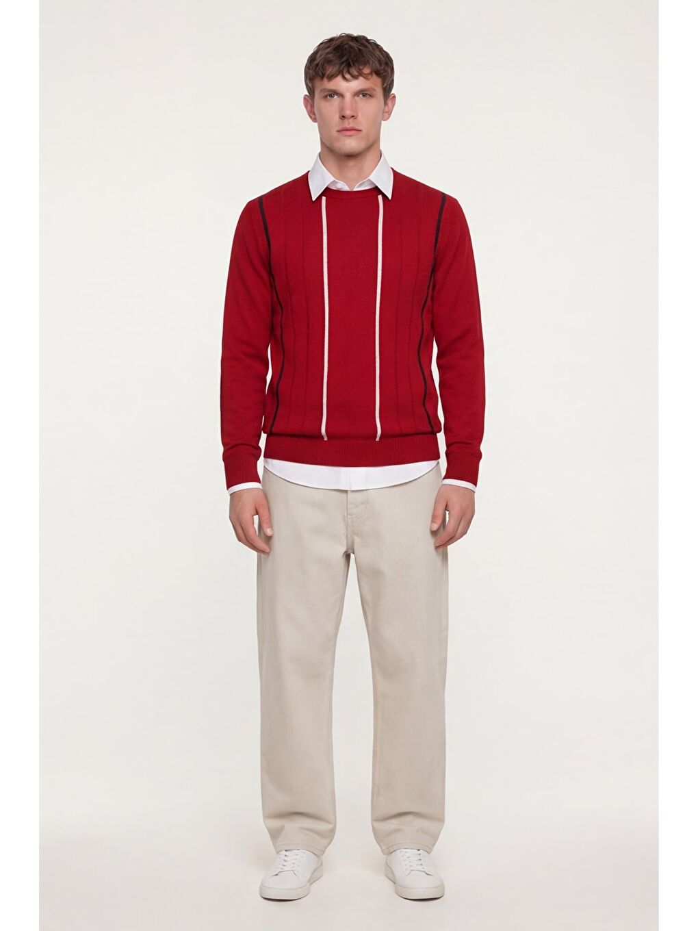 Erkek Kırmızı Normal Kesim Regular Fit Yünlü Dokuma Çizgi Desen Bisiklet Yaka Triko Kazak-1