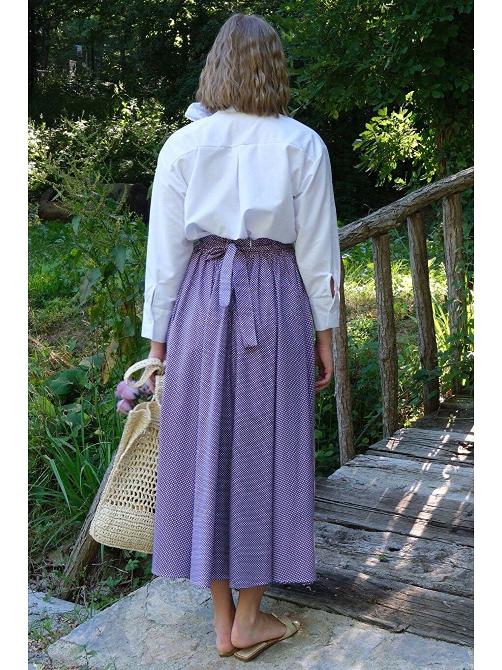 Beyaz Yakası Fiyonklu Gömlek & Mor Puantiyeli Etek Takım-6