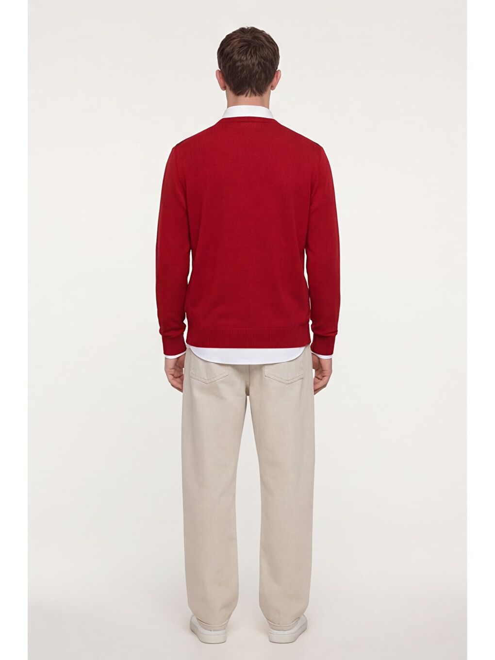 Erkek Kırmızı Normal Kesim Regular Fit Yünlü Dokuma Çizgi Desen Bisiklet Yaka Triko Kazak-3