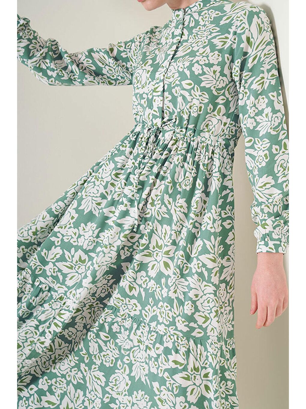 Yeşil 2144 Hakim Yaka Tesettür Elbise - Çağla-2