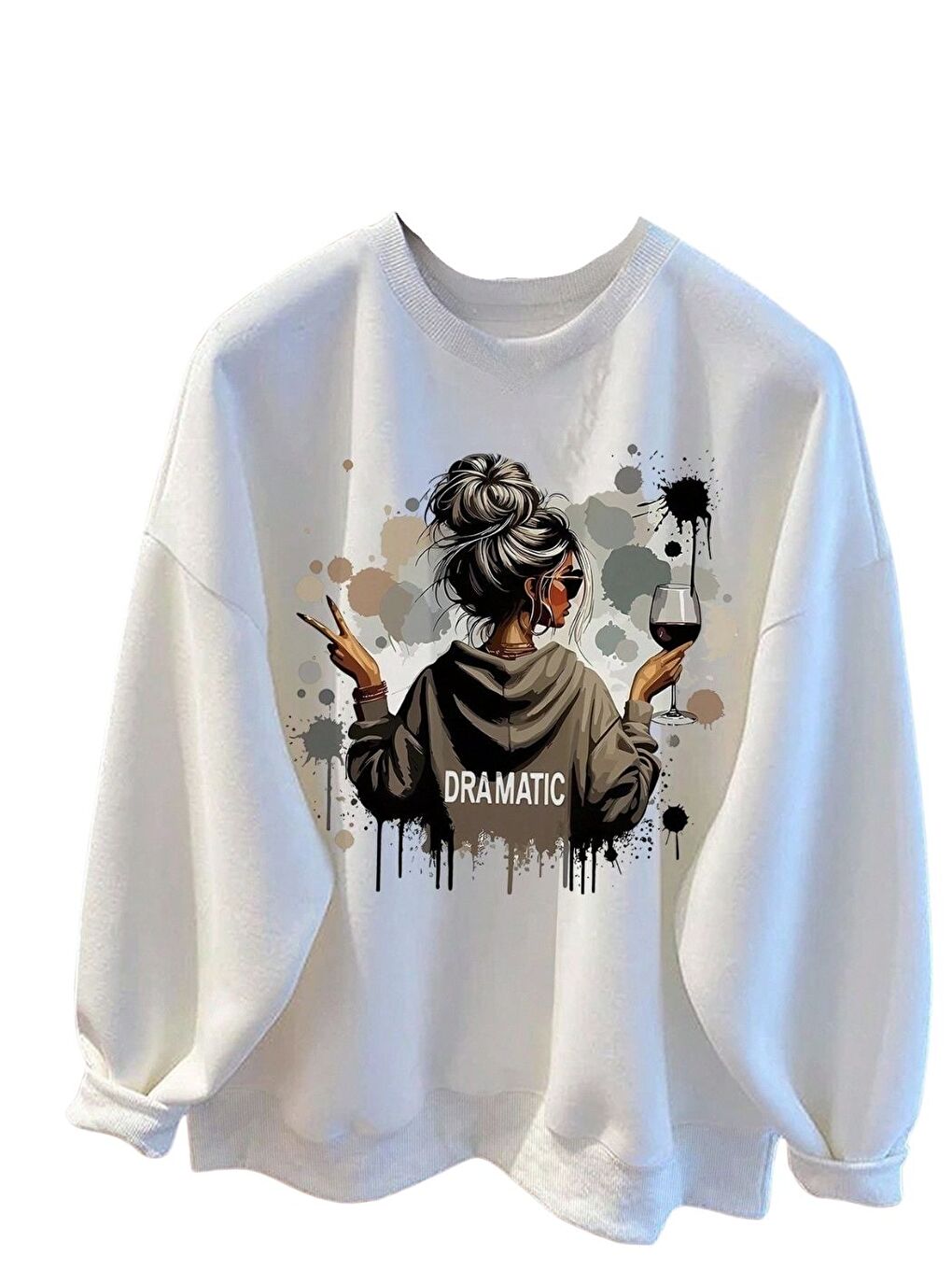 Kadın Beyaz Dramatic Baksılı Oversize Kalıp Bisiklet Yaka Sweatshirt