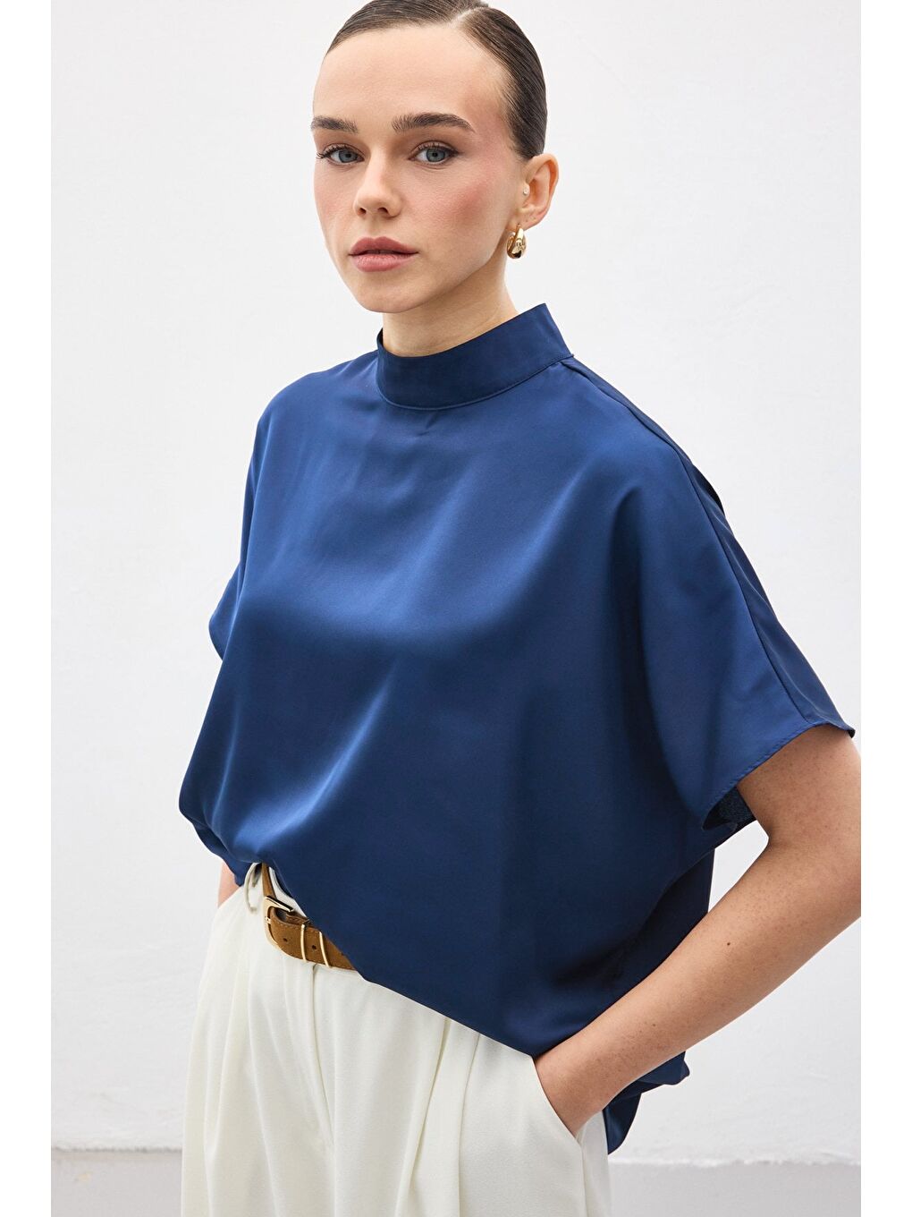 Yarasa Kol Salaş Bluz - İndigo-2