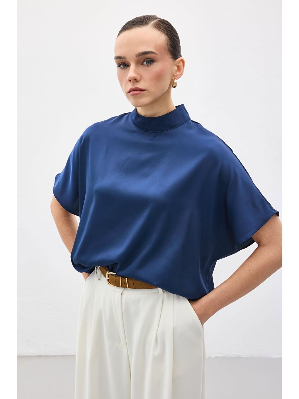 Yarasa Kol Salaş Bluz - İndigo-3