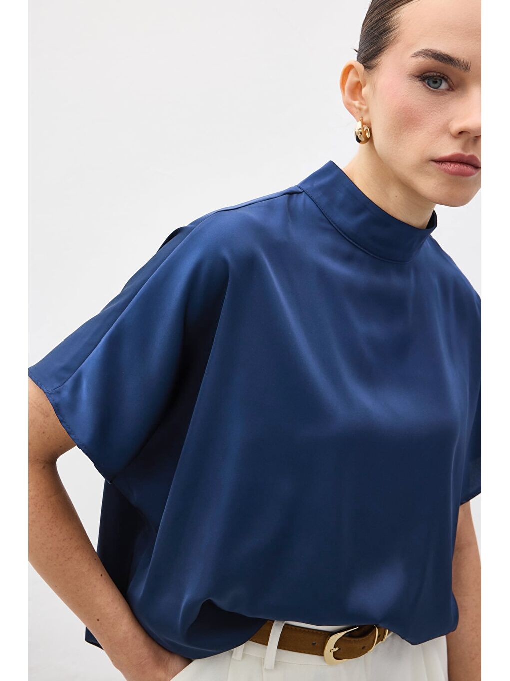 Yarasa Kol Salaş Bluz - İndigo-4