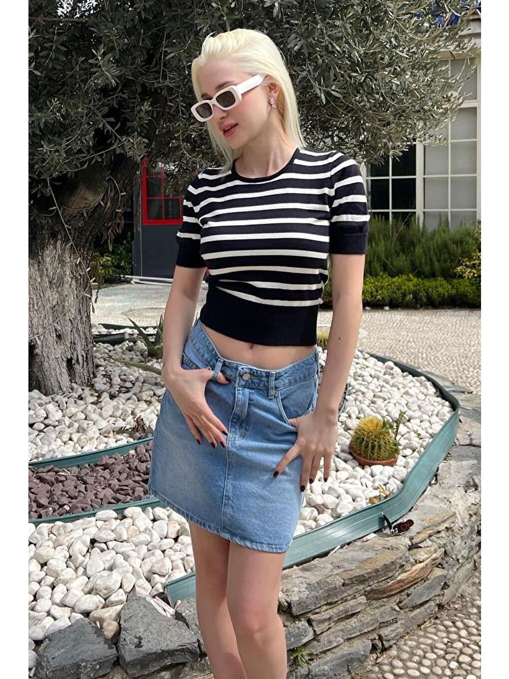 Lacivert Bisiklet Yaka Çizgili Kadın T-Shirt Mg2400-4