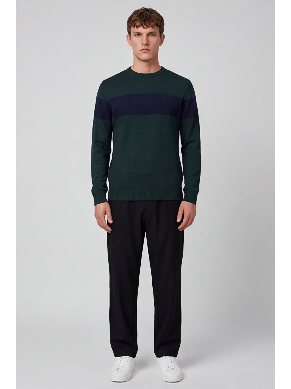 Erkek Yeşil Normal Kesim Regular Fit Yünlü Dokuma Çizgi Detay Bisiklet Yaka Triko Kazak-1