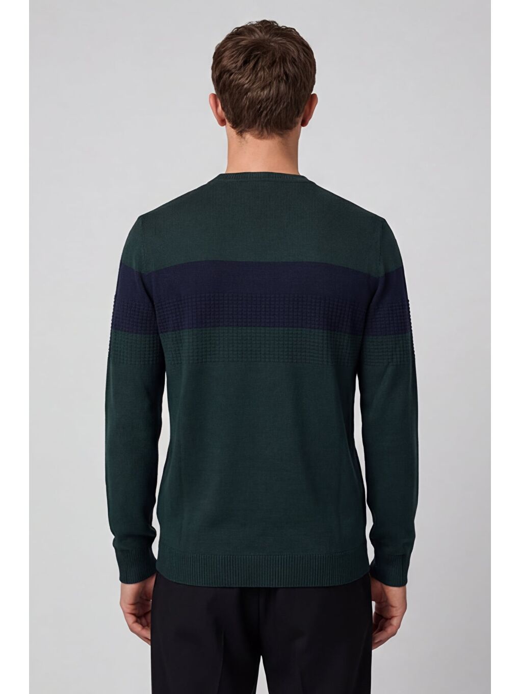 Erkek Yeşil Normal Kesim Regular Fit Yünlü Dokuma Çizgi Detay Bisiklet Yaka Triko Kazak-3