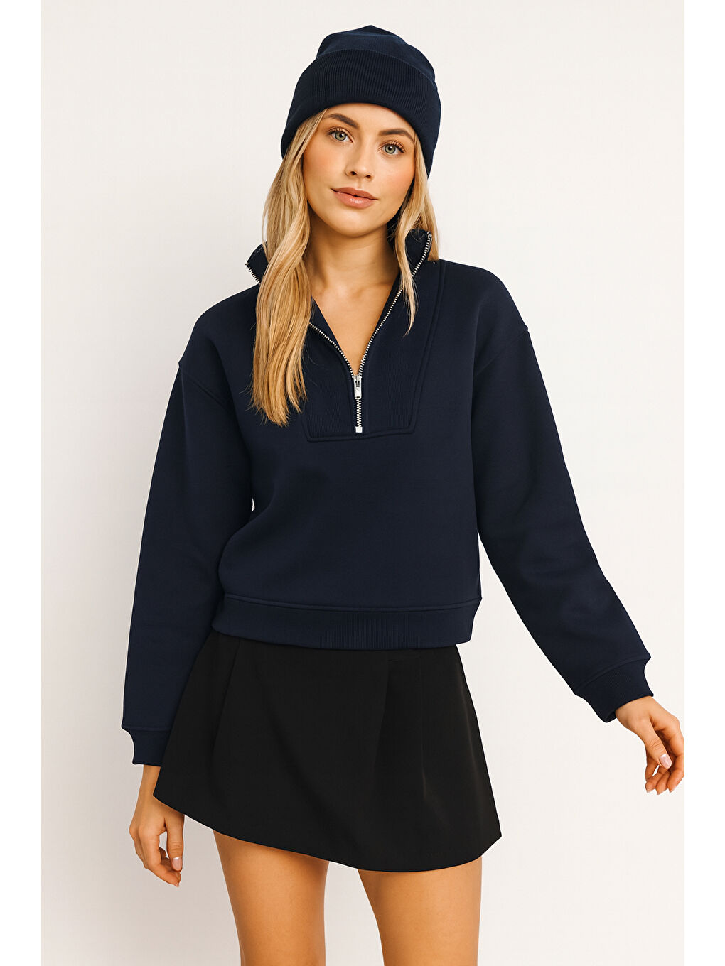 Lacivert Regular Fit Dik Yaka Yarım Fermuarlı Sweat 25K0166K1