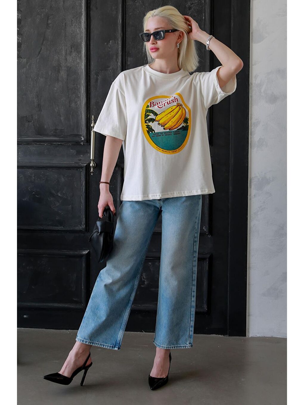 Ekru %100 Pamuklu Baskılı Kadın Tişört Mg2382-3