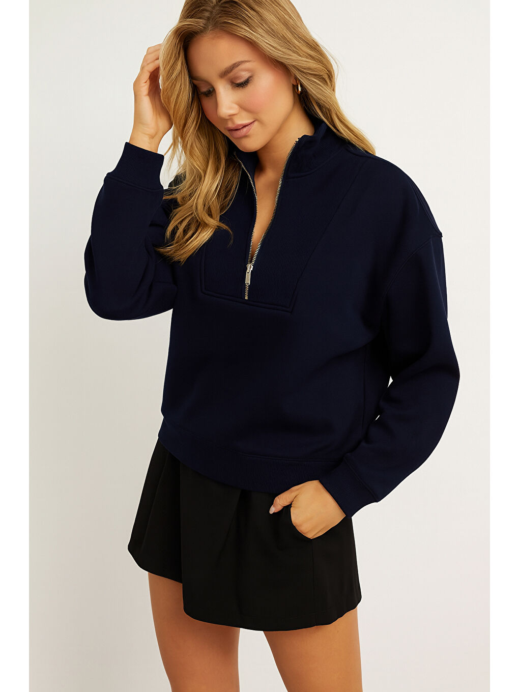 Lacivert Regular Fit Dik Yaka Yarım Fermuarlı Sweat 25K0166K1-2