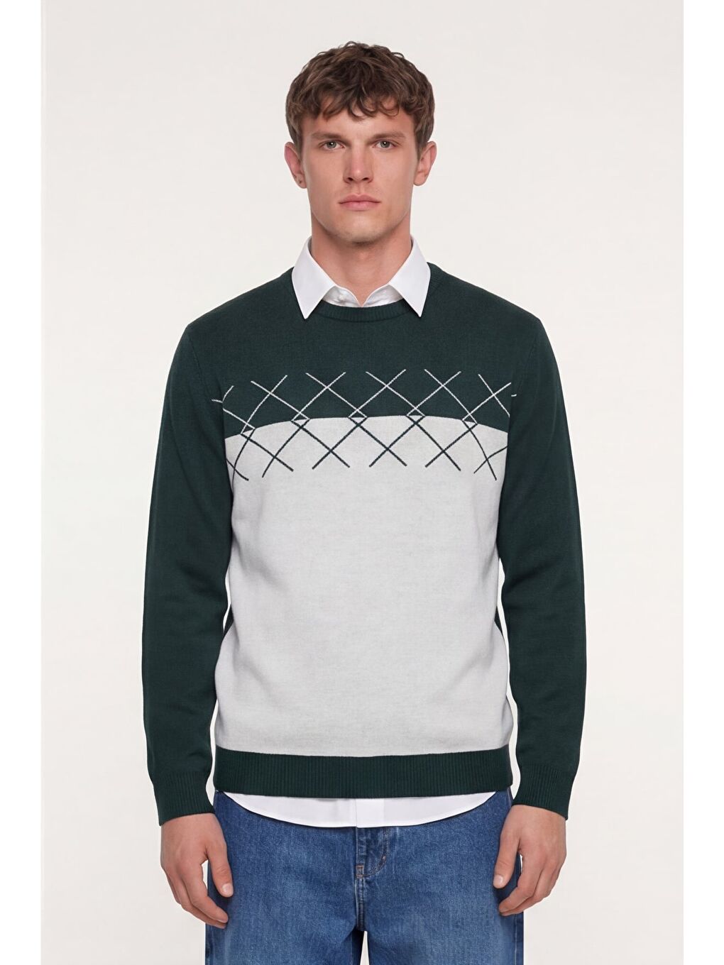 Erkek Yeşil-Taş Normal Kesim Regular Fit Yünlü Dokuma Desenli Triko Kazak