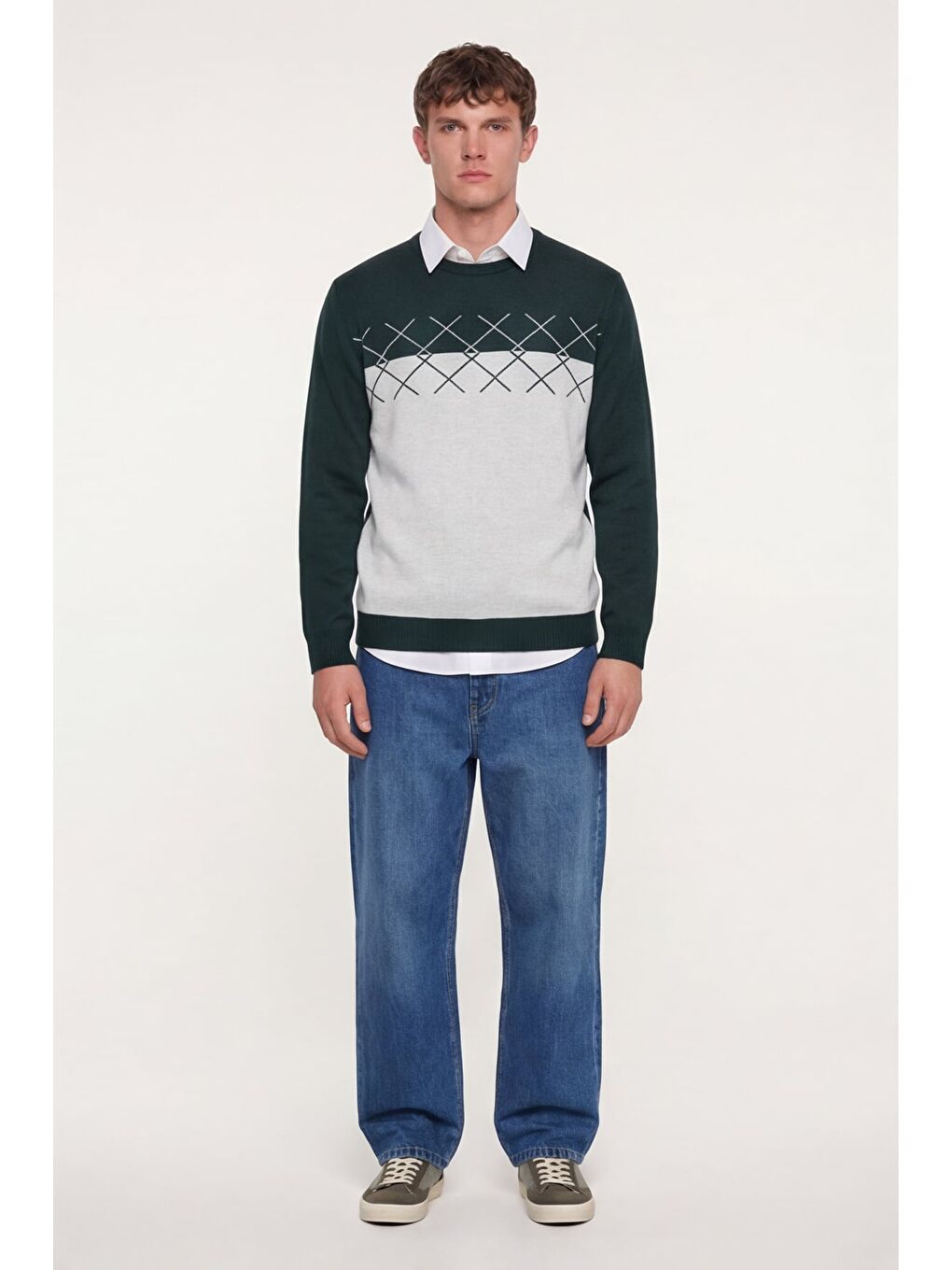 Erkek Yeşil-Taş Normal Kesim Regular Fit Yünlü Dokuma Desenli Triko Kazak-1