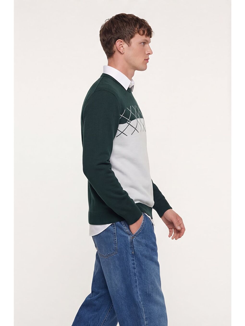 Erkek Yeşil-Taş Normal Kesim Regular Fit Yünlü Dokuma Desenli Triko Kazak-2