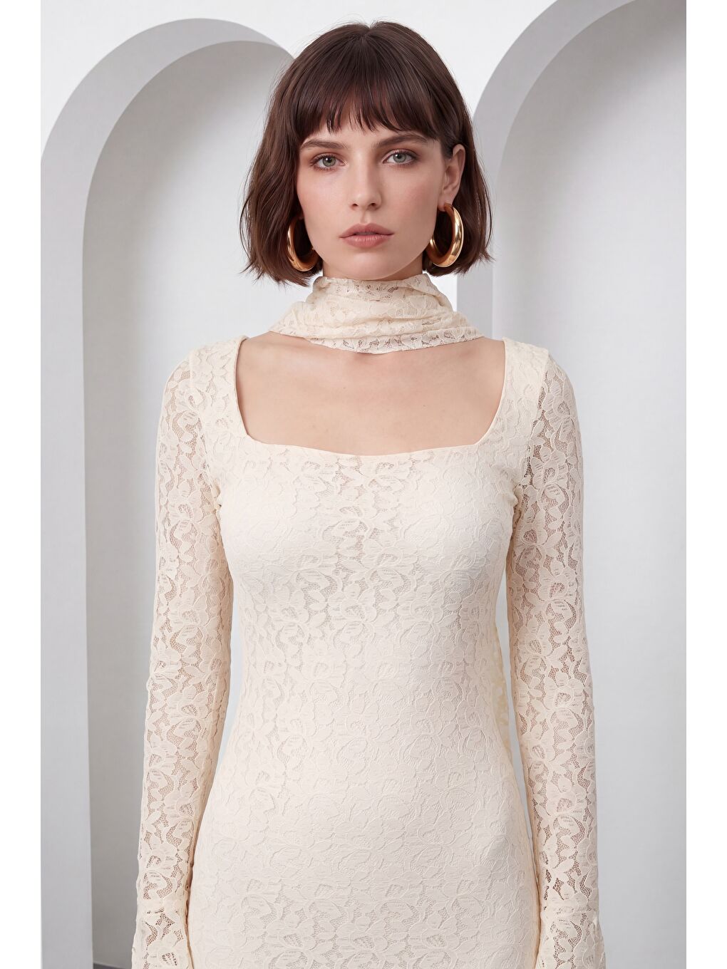 Kadın Bej Şal Yaka Uzun Dantel Davet Elbisesi-2