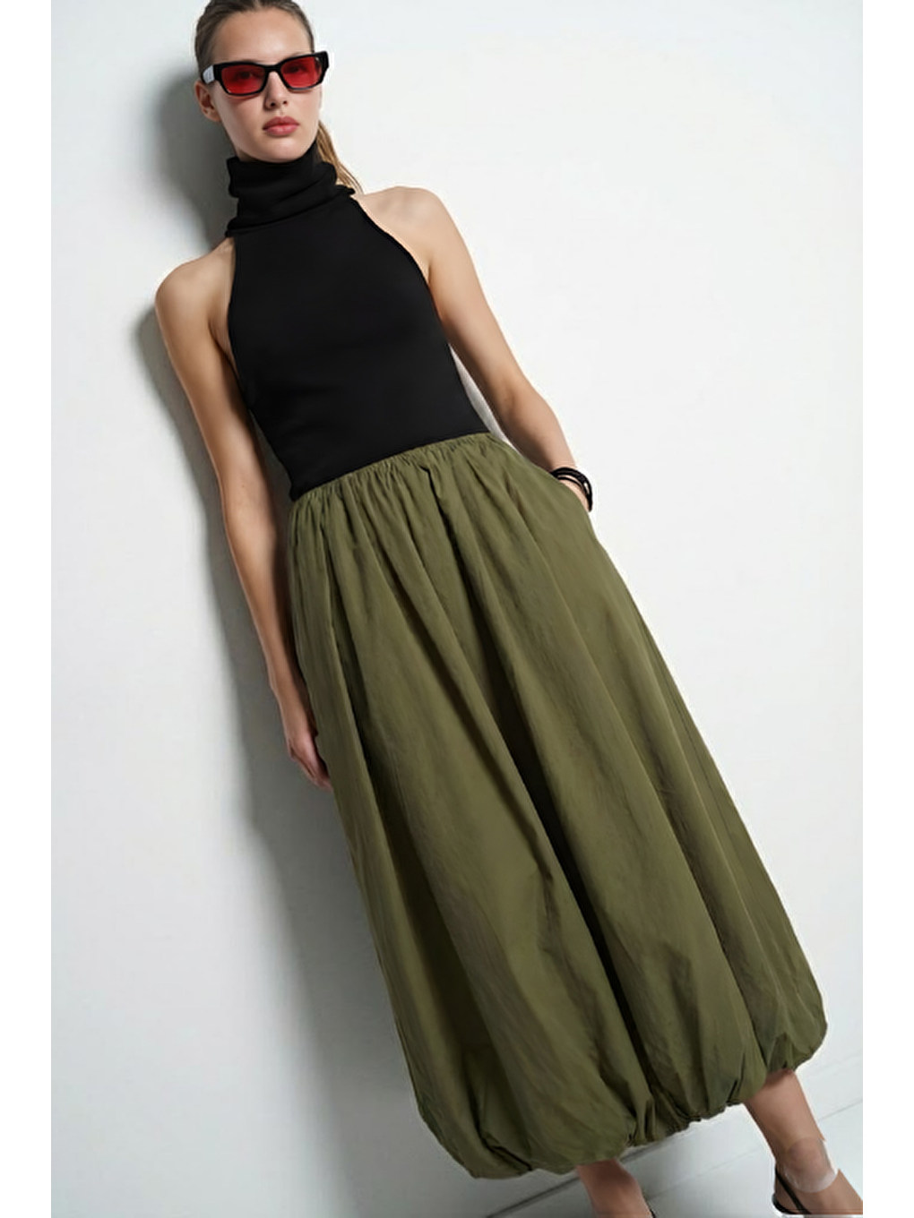 Uzun Balon Etek Haki-2