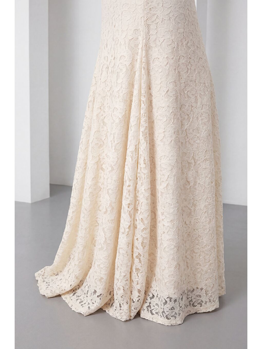 Kadın Bej Şal Yaka Uzun Dantel Davet Elbisesi-3