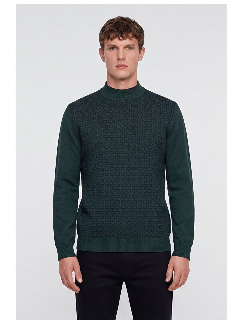 Erkek Yeşil Normal Kesim Regular Fit Yünlü Dokuma Desenli Triko Kazak