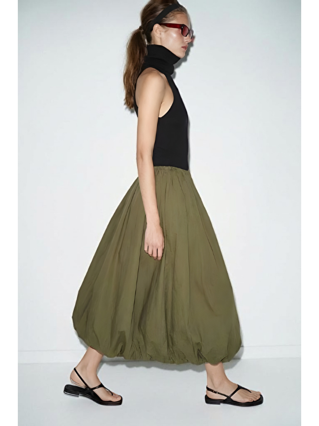 Uzun Balon Etek Haki-3