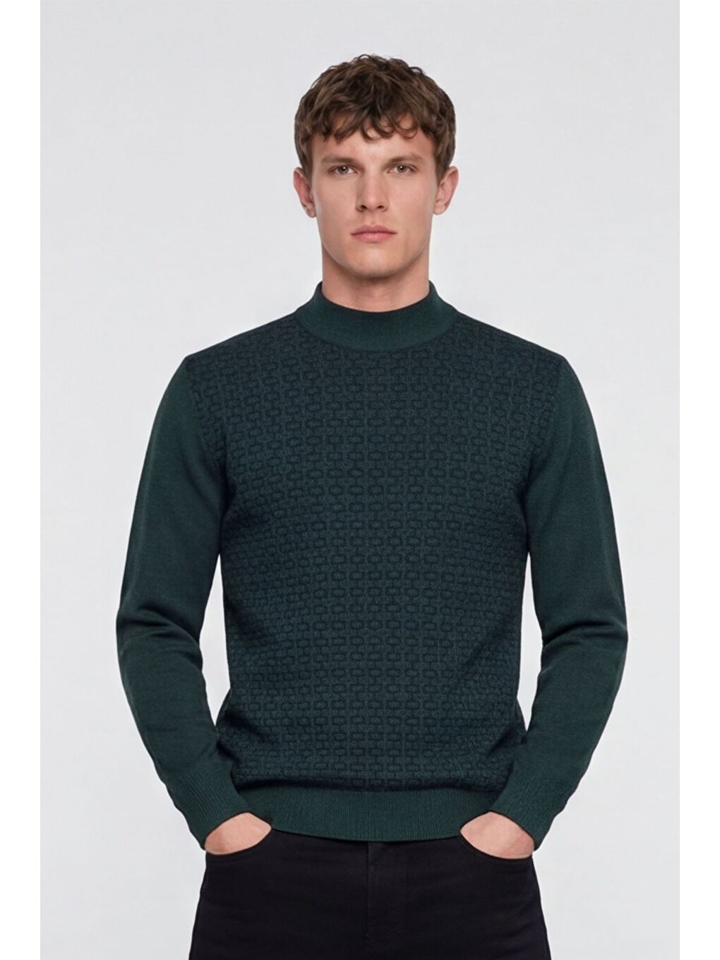 Erkek Yeşil Normal Kesim Regular Fit Yünlü Dokuma Desenli Triko Kazak-1