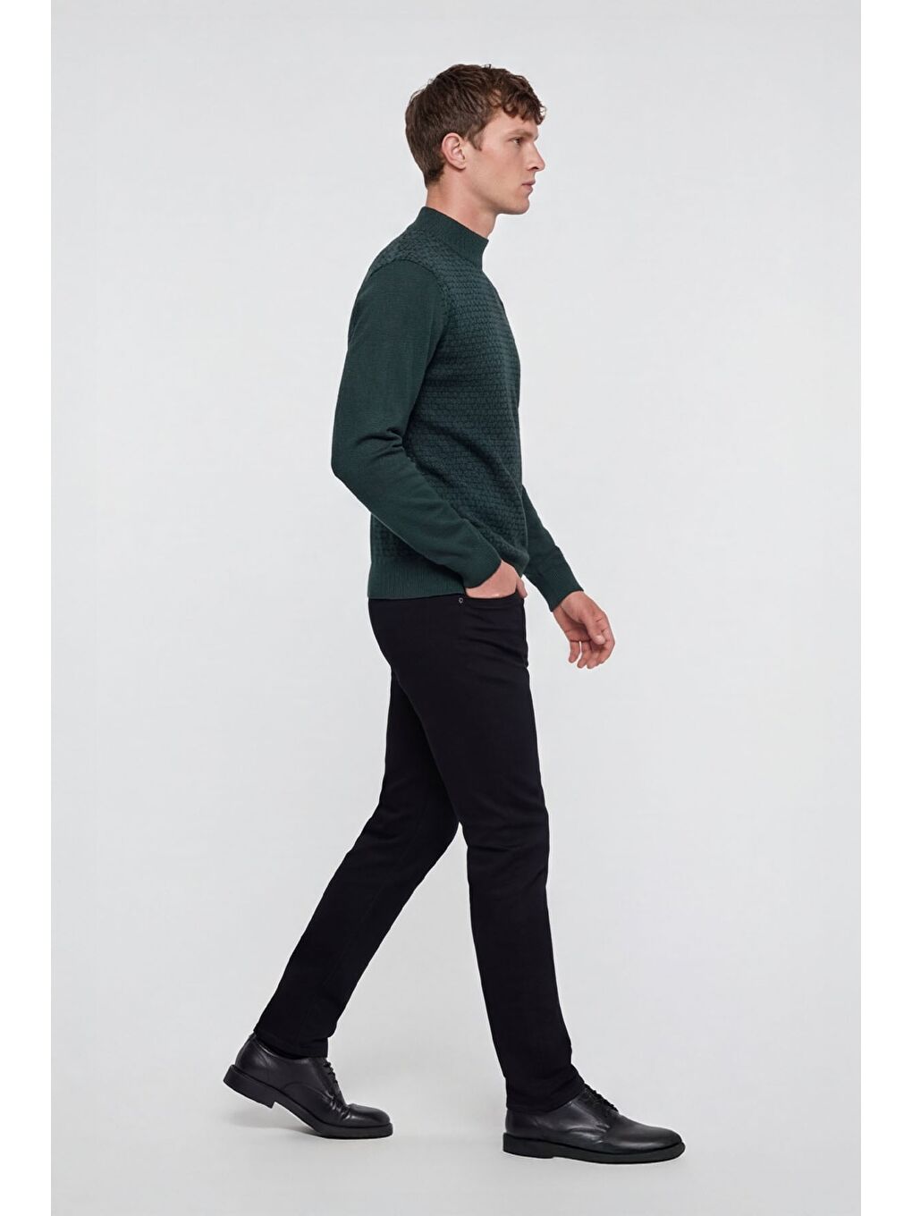 Erkek Yeşil Normal Kesim Regular Fit Yünlü Dokuma Desenli Triko Kazak-2