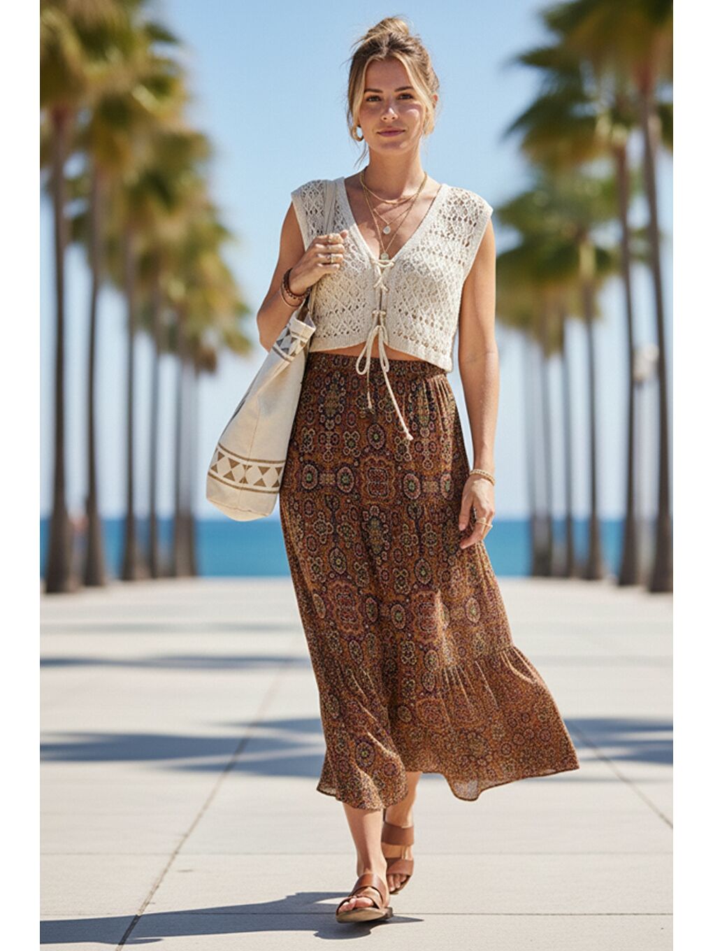 Kahverengi Kiremit Rengi Etnik Desenli Allover Baskılı Lastikli Bel Casual Uzun Dokuma Etek 95 60-1