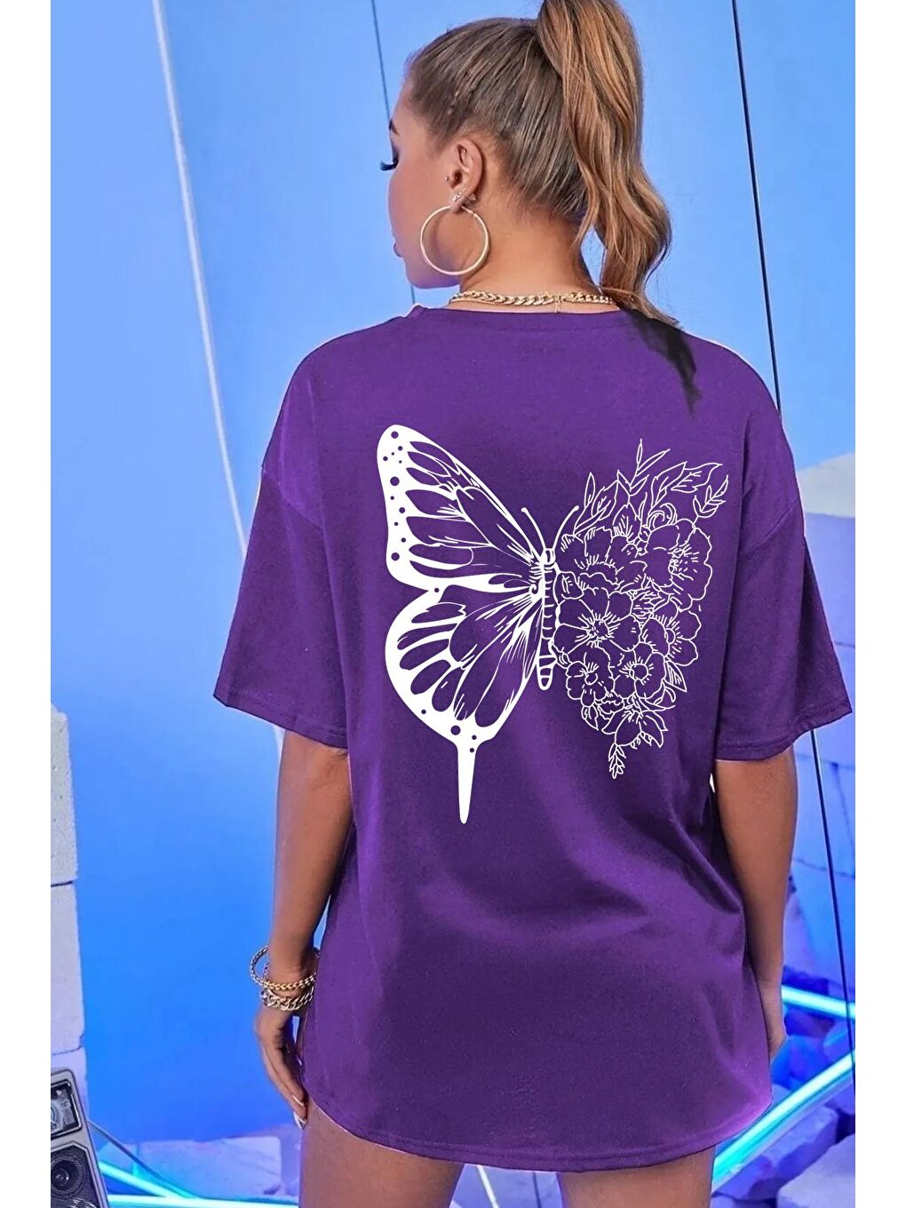 uyguntarz Mor Unisex Drawing Butterflies Tasarım T-shirt